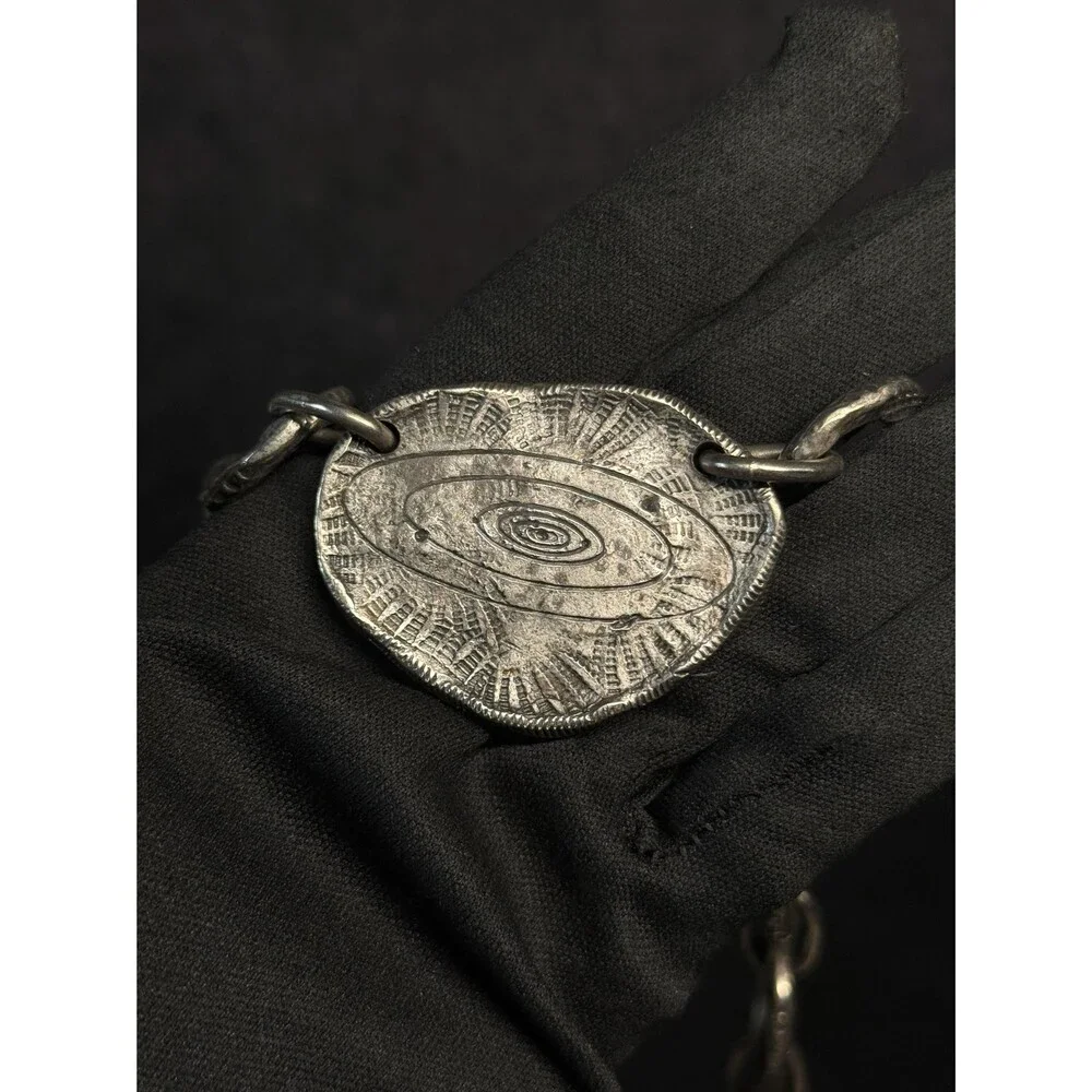 Vintage Silver Tone Celestial Medallion Necklace Chunky Textured Links 17.25